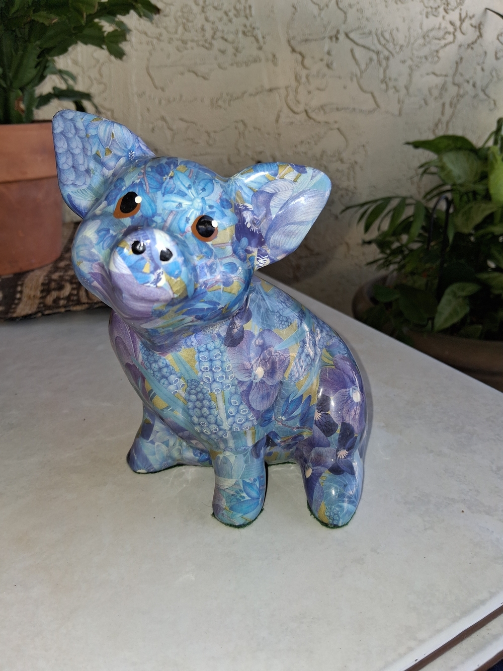 Decorative Blue Floral Ceramic Pig Figurine by - Picture 5 of 5